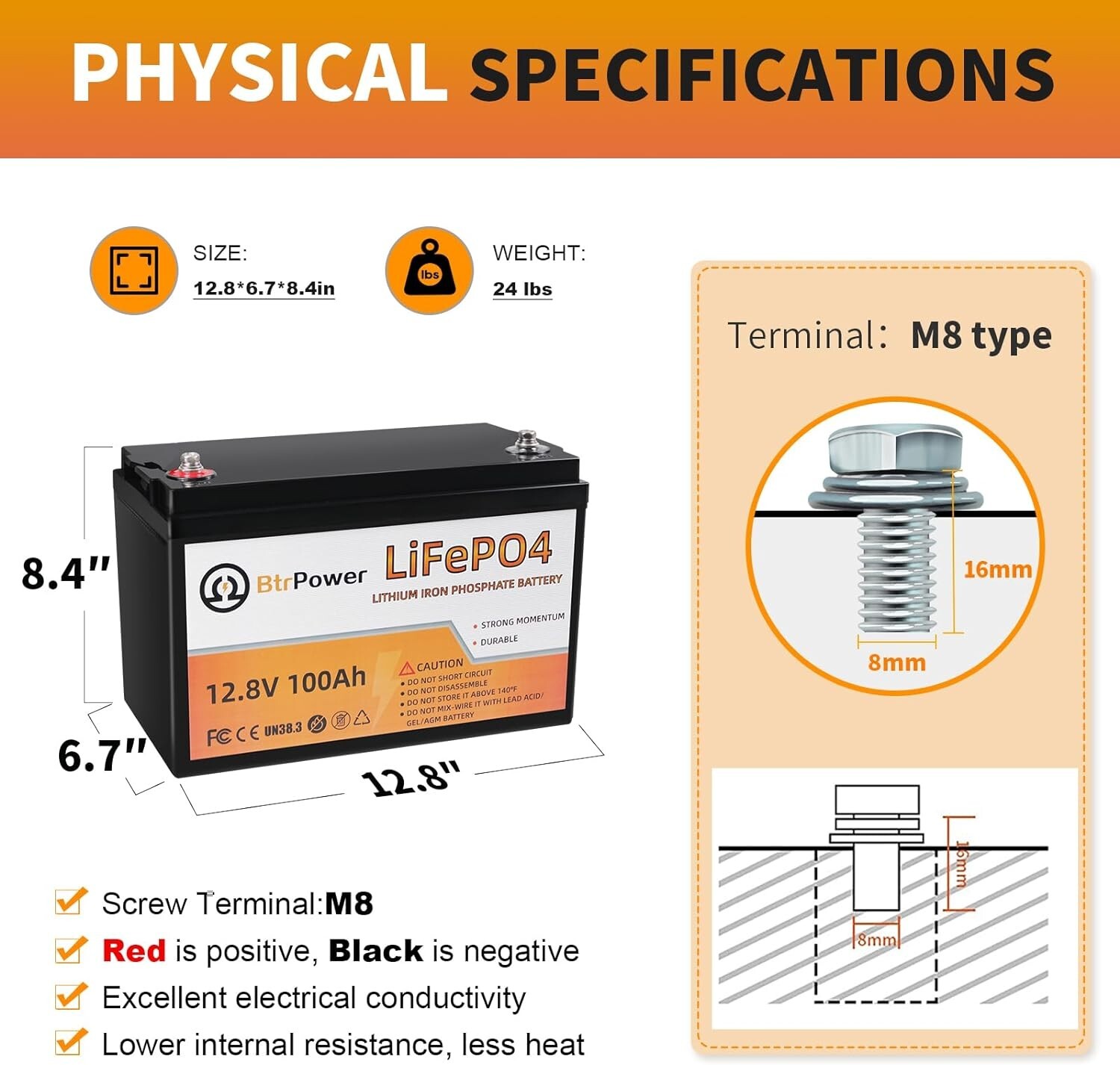 12V 100Ah Lifepo4 Deep Cycle Battery for Marine Rv Trolling Motor Solar System