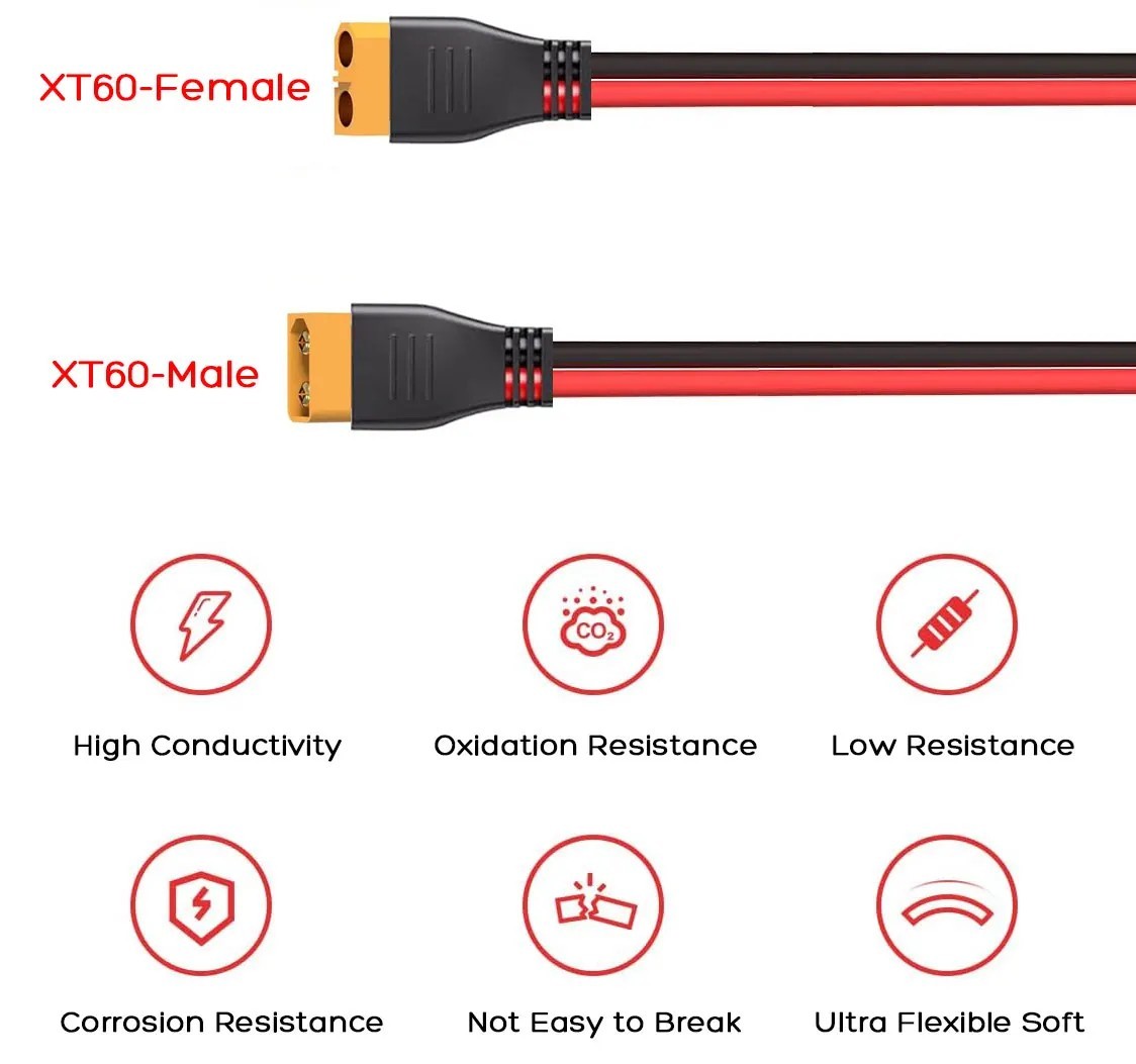 12AWG XT60 Male to Female Extension Cable for EcoFlow Bluetti Anker Solar