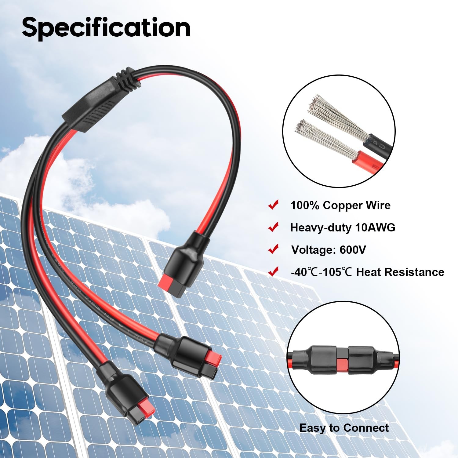 Solar Panel Y Splitter Cable 1 to 2 Branch Parallel Adapter | 10AWG Heavy-Duty,