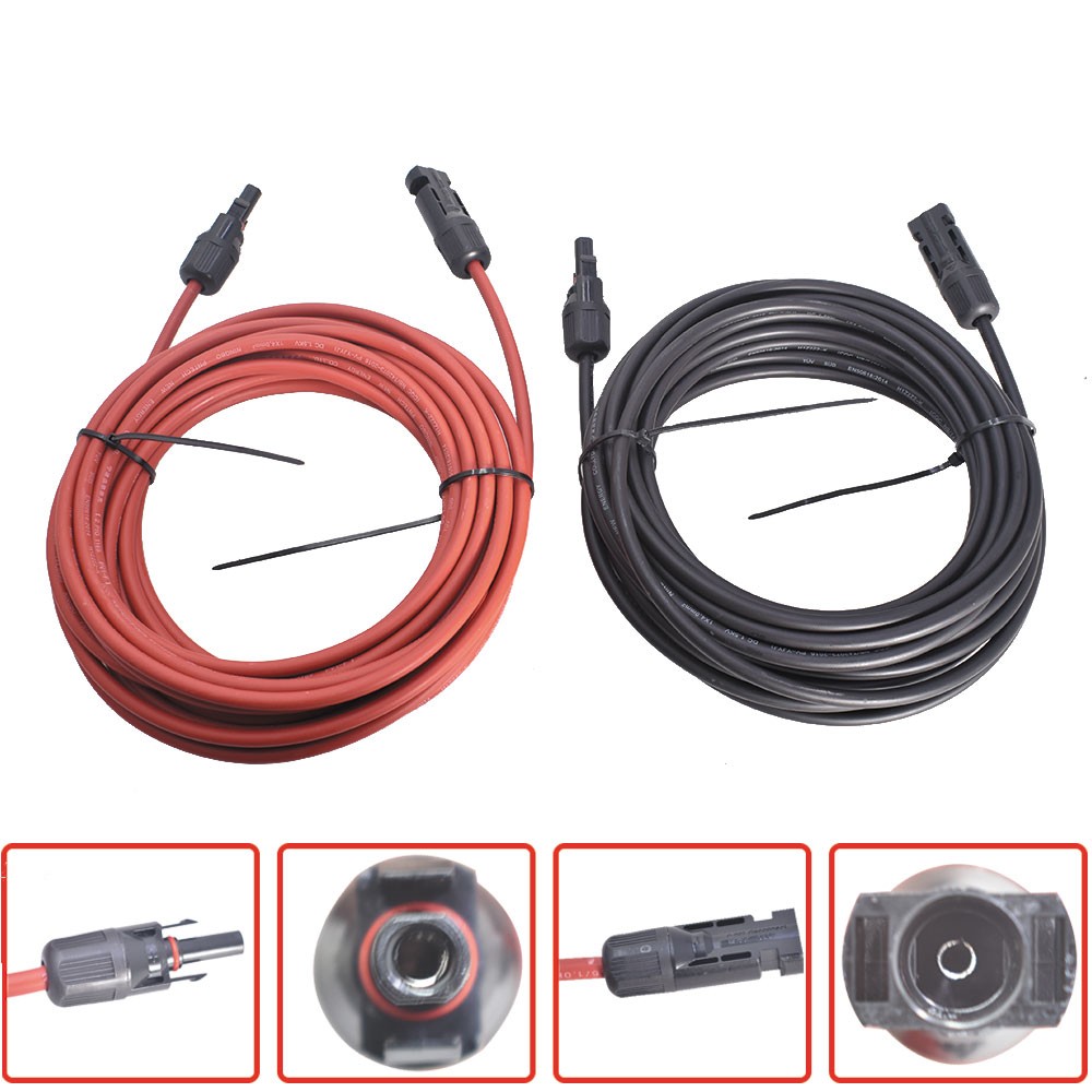 12 AWG Solar Panel Extension Cable Wire Connector 1 Pair 20ft Black + Red