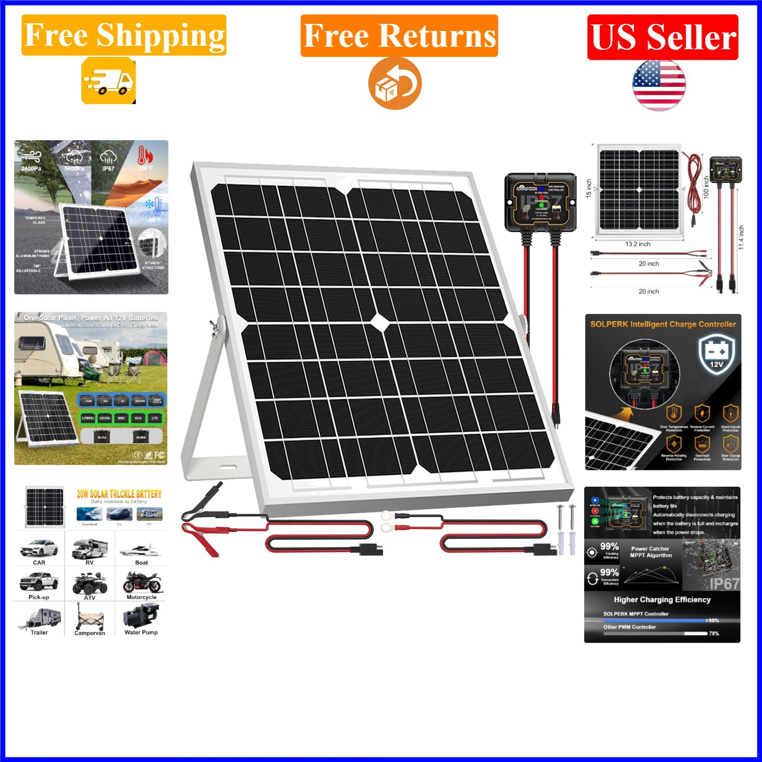 20W 12V Waterproof Solar Panel Kit with MPPT Controller & Mount for Marine RV