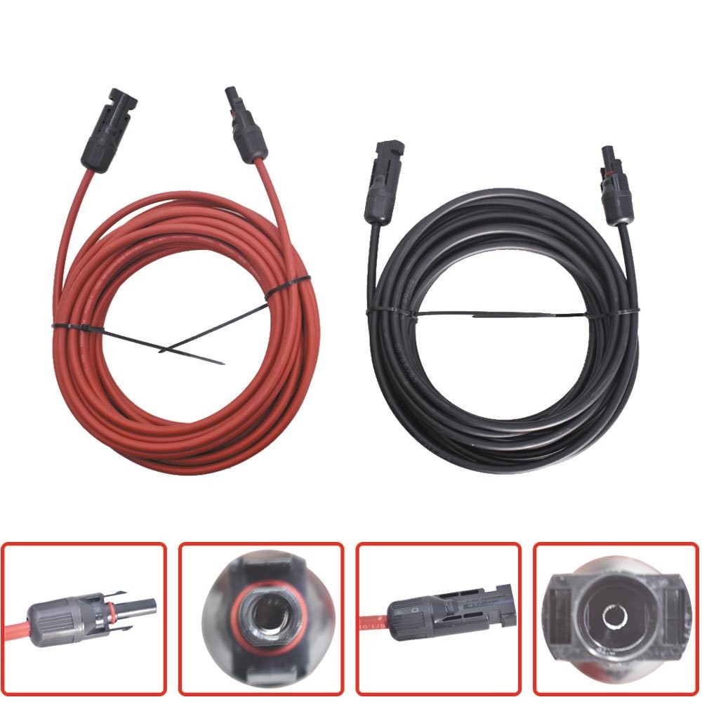 30 Feet 1 Pair 10AWG Solar Panel Extension Cable Wire Connector Black + Red