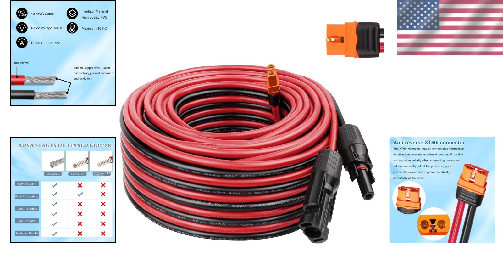 Flexible 10AWG Solar to XT60i Cable – 50FT Length