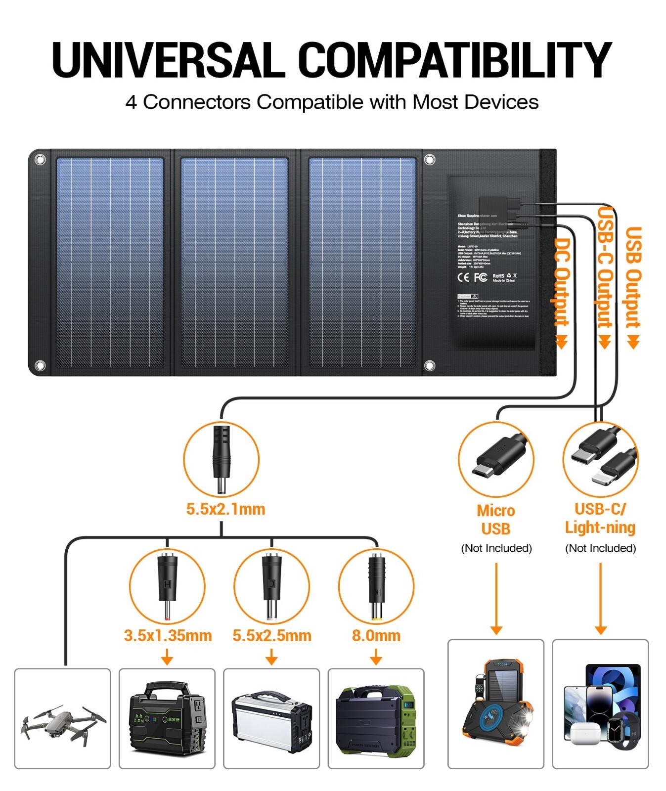 Foldable 30W Solar Panel, USB-A QC3.0 & USB-C DC Outputs