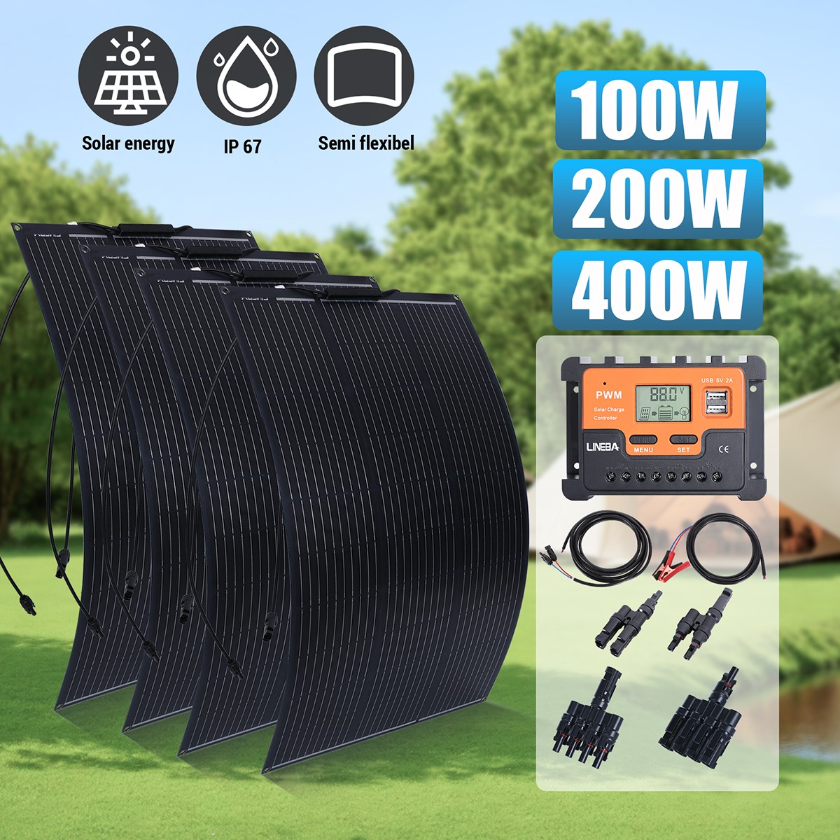 100W 200W 400W Watt 12V Portable Flexible Solar Panel Kit RV Camping Off-Grid US