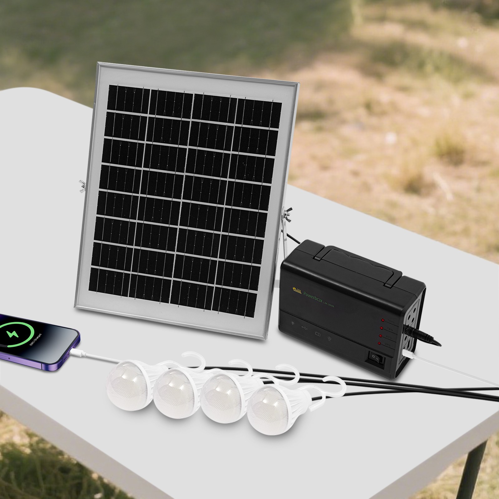 12V Solar Panel Power Generator Kit Battery Pack Power Station USB w/ 4 Bulbs