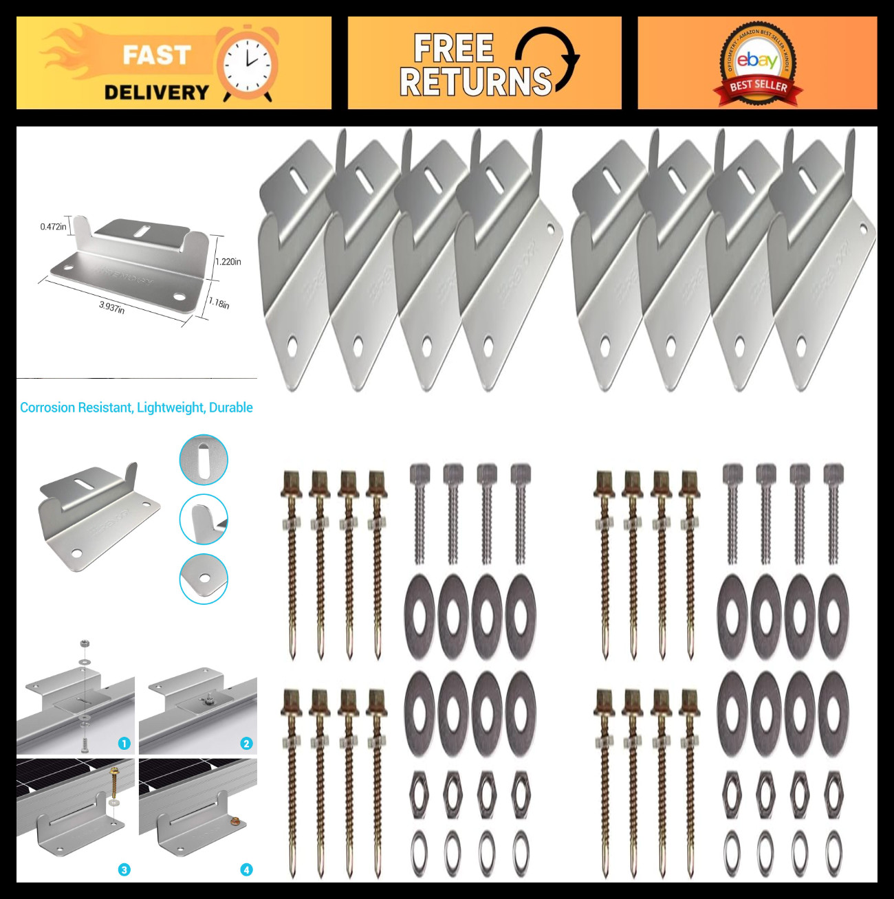 Lightweight Aluminum Solar Panel Z Brackets – Corrosion-Free Mounting for RVs, T