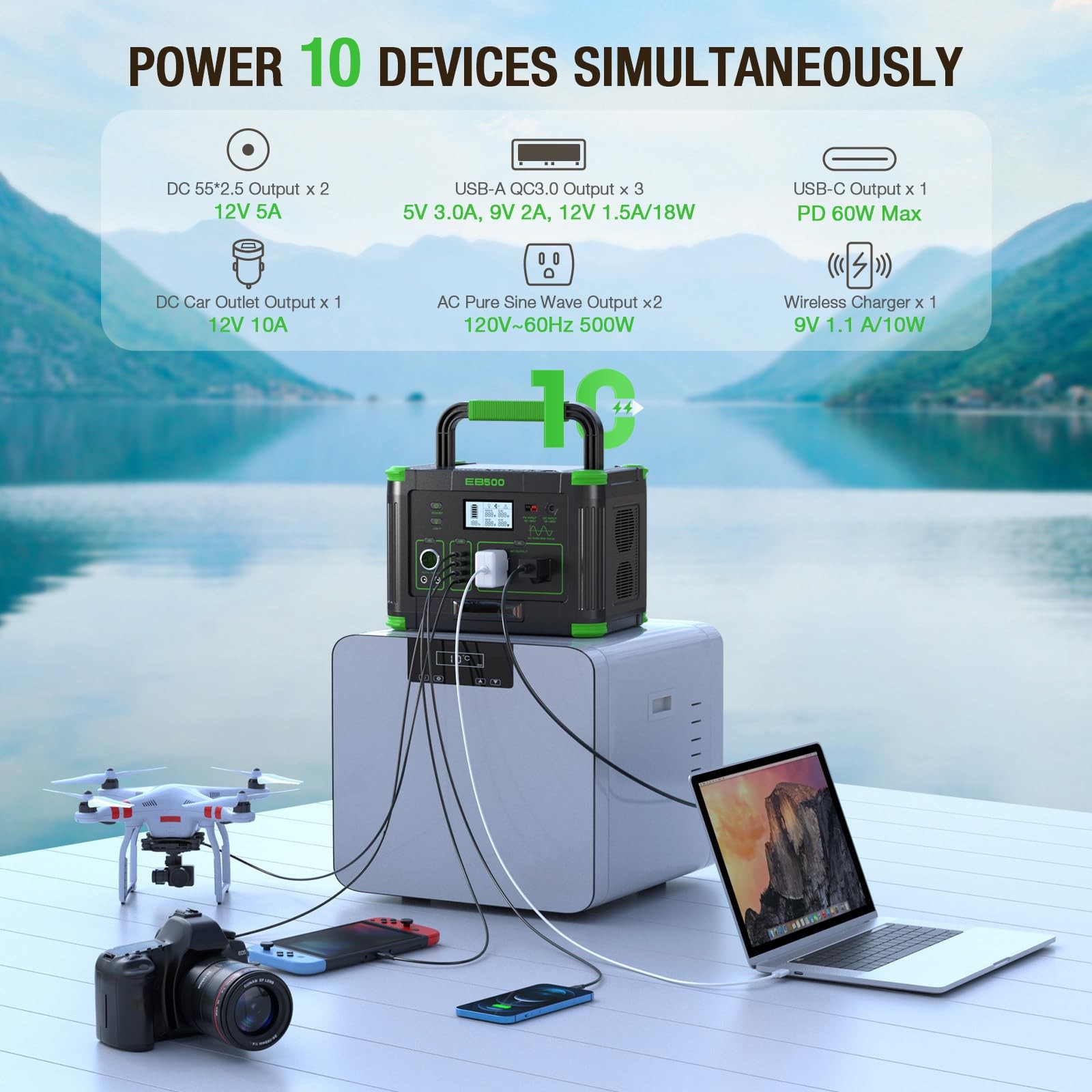 500W Portable Power Station, 519.48Wh Outdoor Solar Generator, 10-Port Powerh…