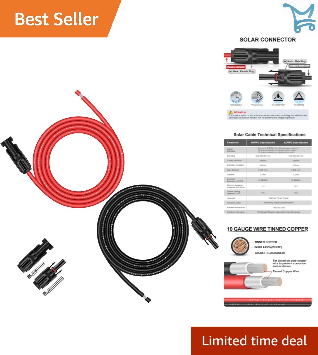 Solar Extension Cable 10FT 10AWG Tinned Copper Connectors Outdoor UV Resistant