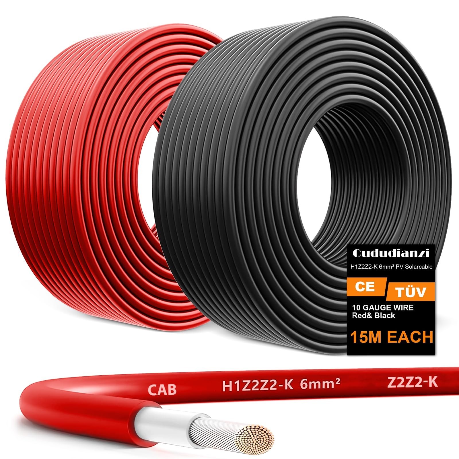 50FT Red & Black Solar Panel Wire 10AWG Tinned Copper PV Cable for RV, Boat, Out
