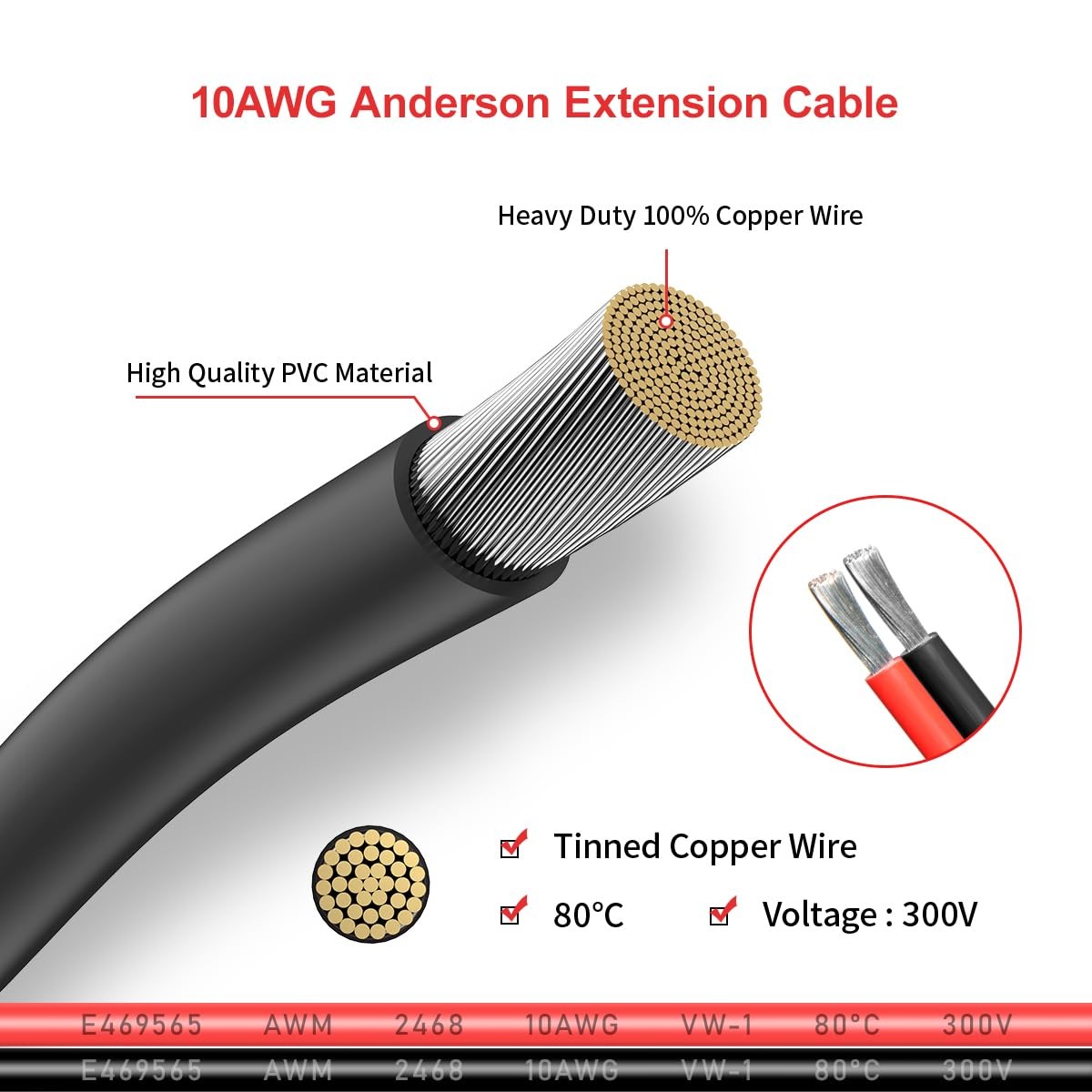 10AWG 2FT Anderson Extension Cable 2 6 10 20 35 50 75 100FT Solar Extension C…