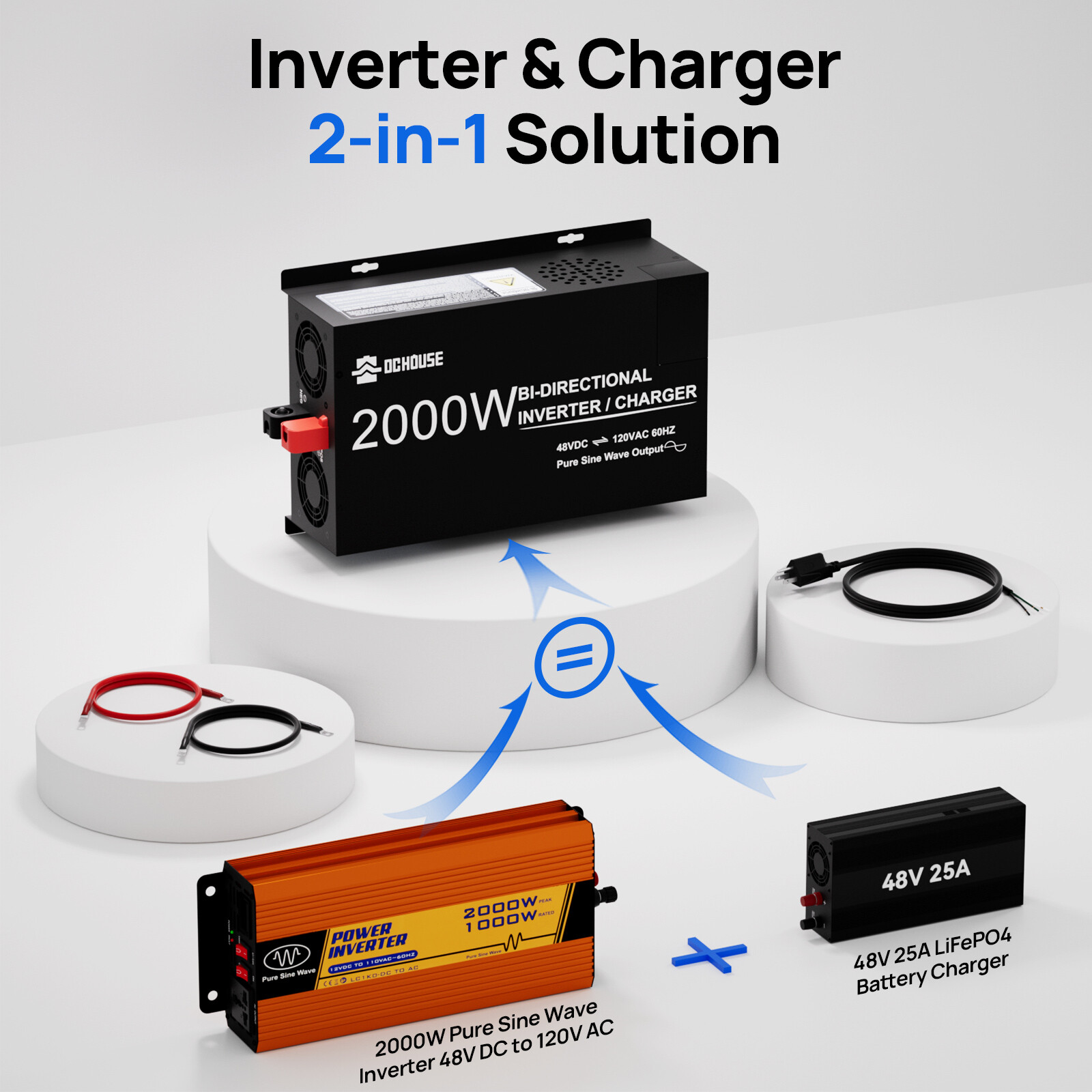 48V 2000W Pure Sine Wave Inverter 25A Lithium Battery Charger 2 in 1 Golf Carts