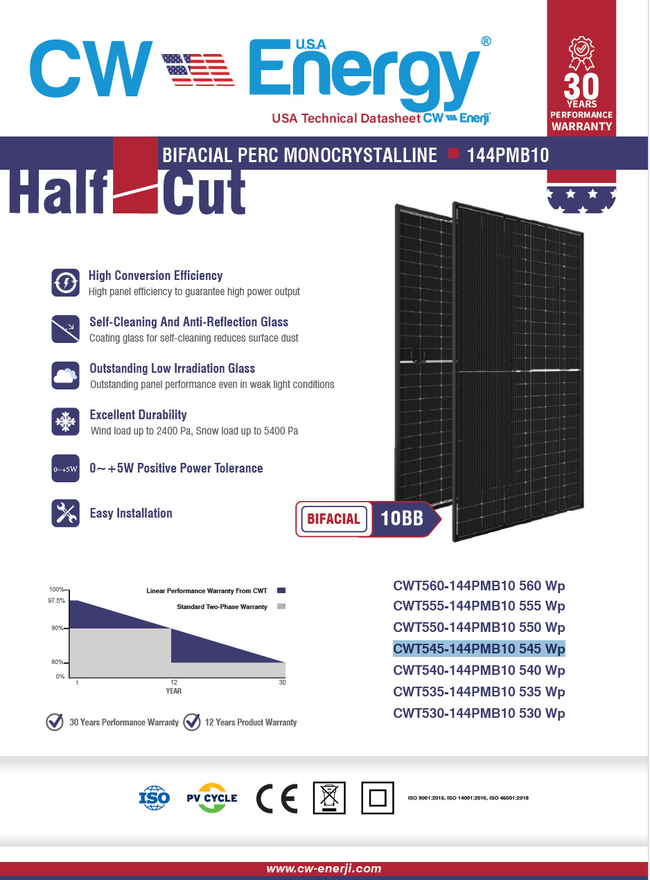 545W BiFacial PERC Monocrystaline Solar Panels 12/30 Year Warranty