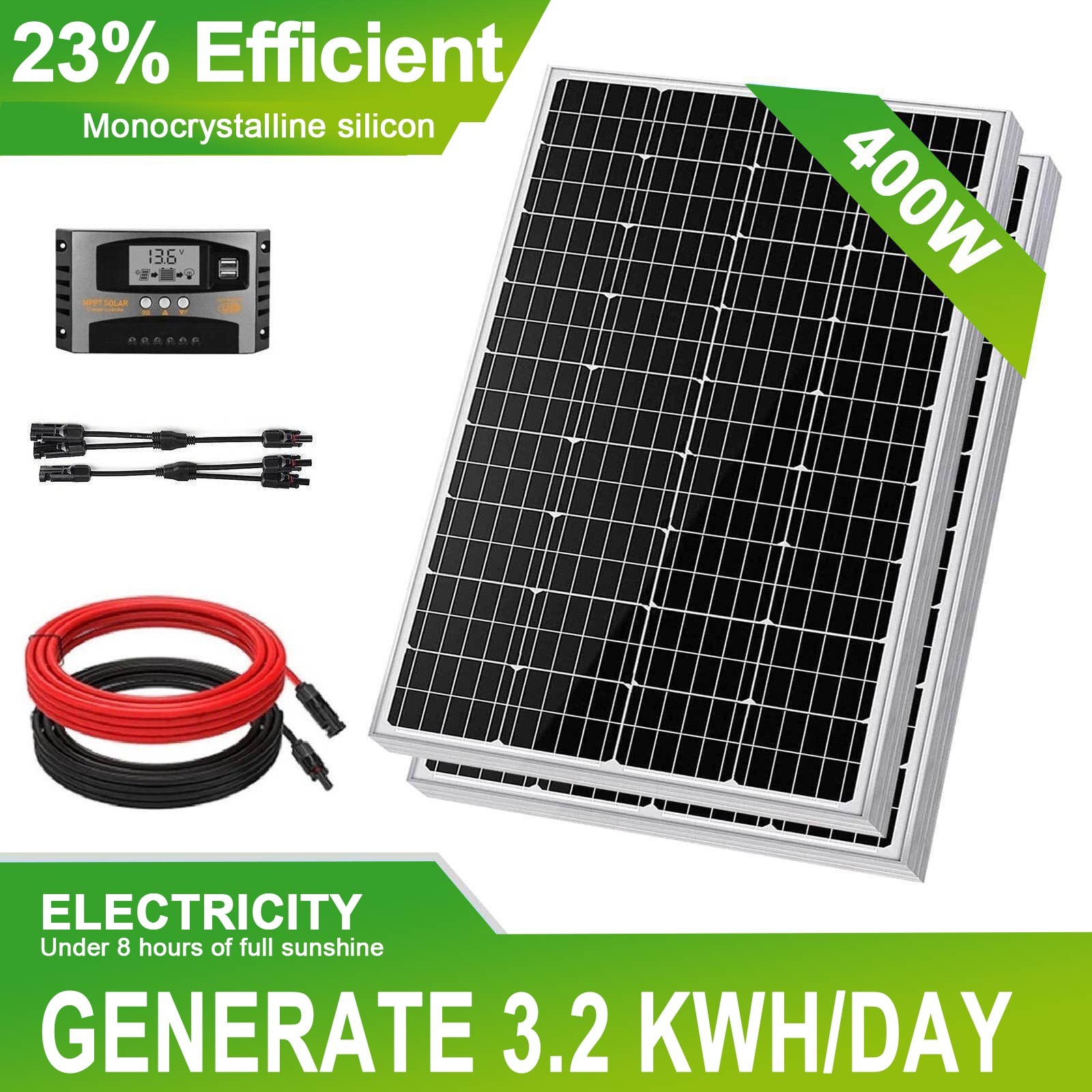 400W Solar Panel Kit 12V Battery Charger MPPT Controller RV Marine Boat Off Grid