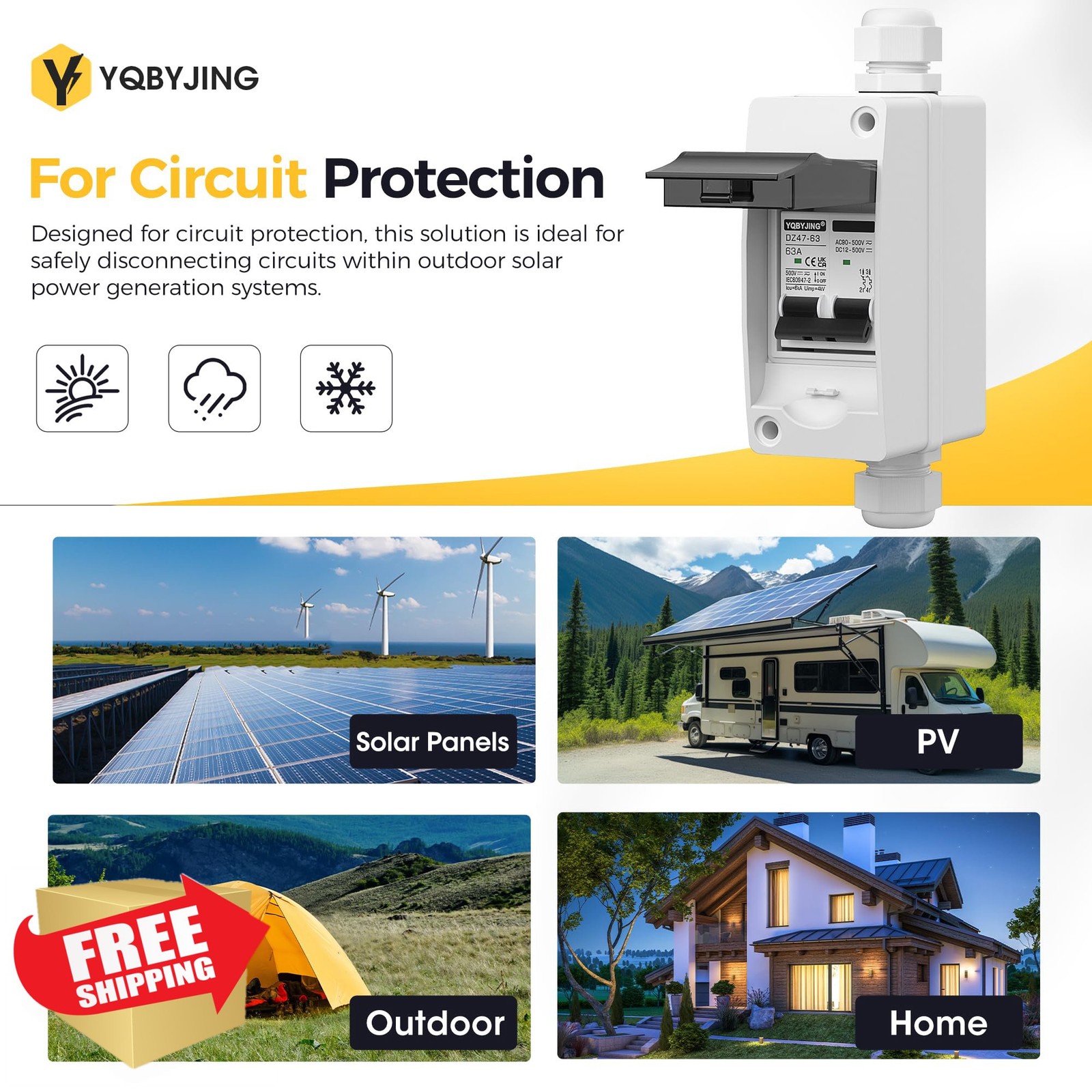 YQBYJING 500V 63A Solar Disconnect Switch MCB Box IP65 Waterproof