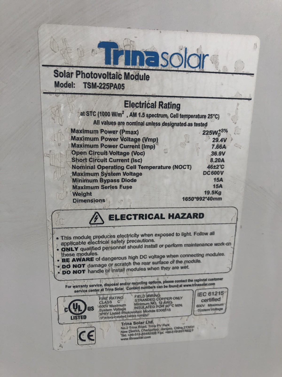 500x Trina 225W USED Solar Panels – Freight Separate