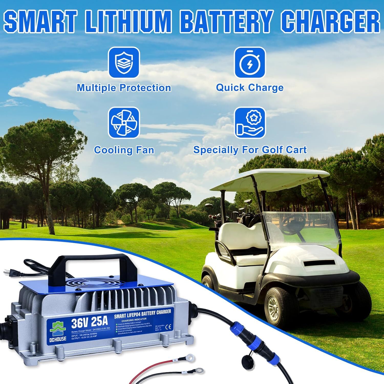 25A 36V Golf Cart Lithium LiFePO4 Battery Smart Charger Trolling Motor Forklift