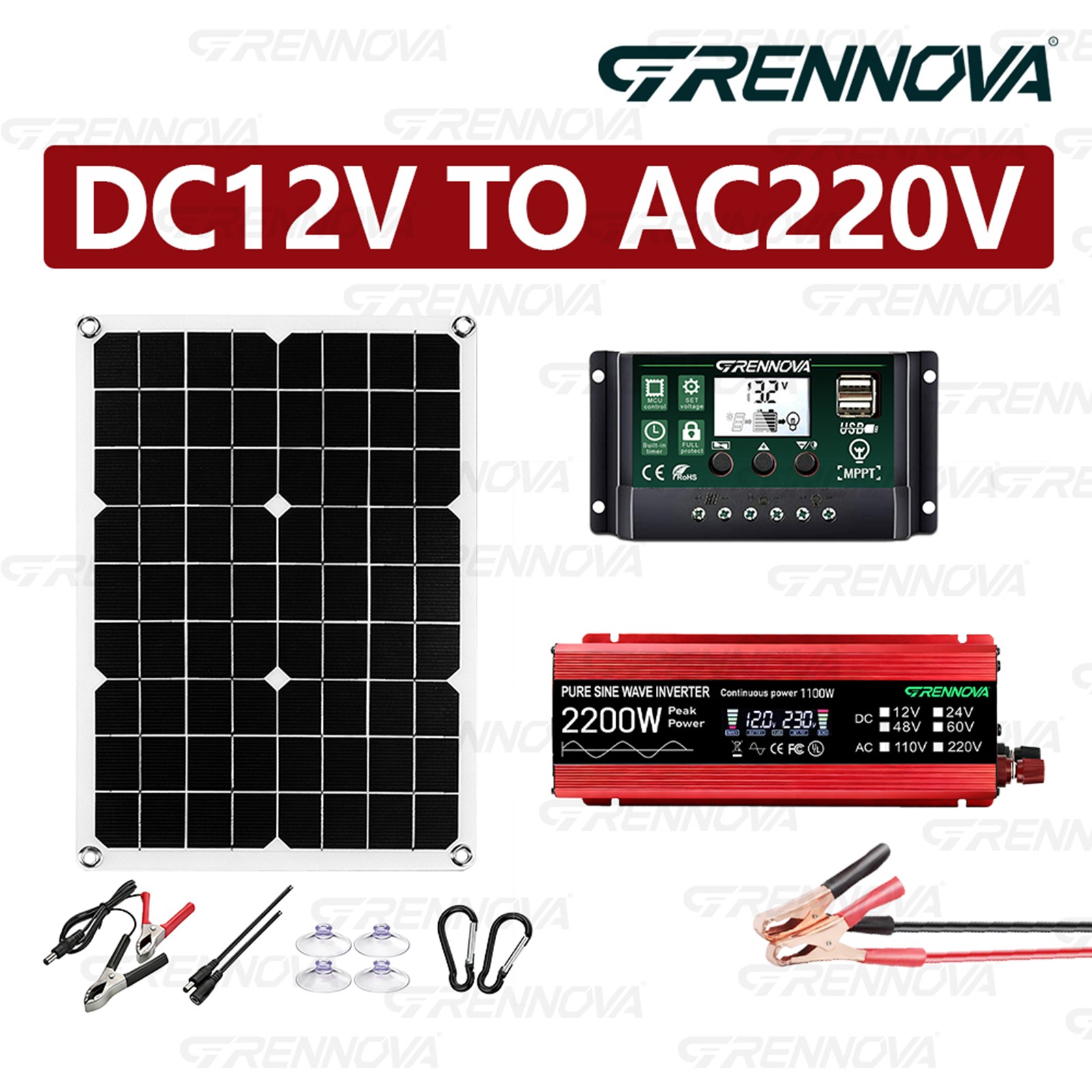 Grennova 2200W Off-Grid Solar Kit 60A MPPT Pure Sine Home RV Backup