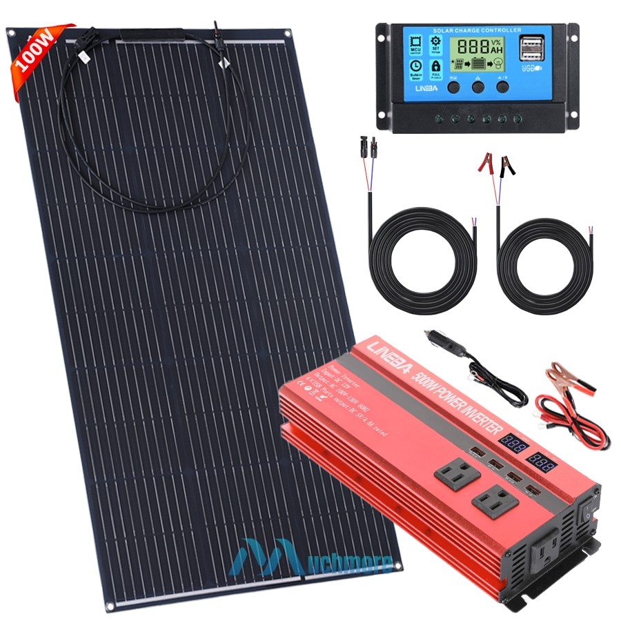200W 400W Flexible Solar Panel Kit Home RV Rooftop Off-Grid+5000W Power Inverter