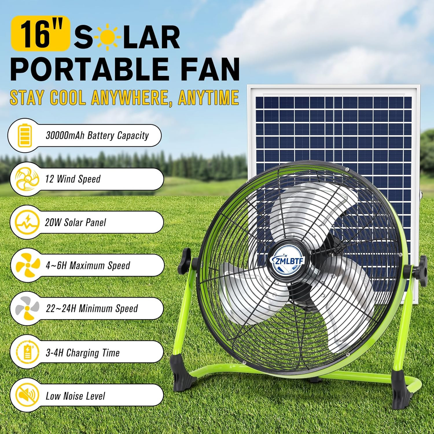 16″ Solar Powered Fan with 20W Solar Panel & Rechargeable Battery, Portable, Qui