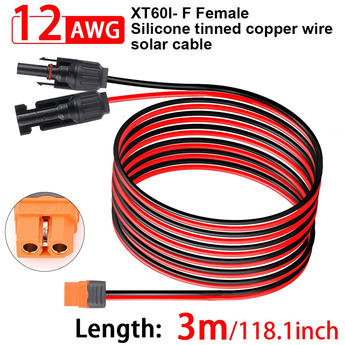 10 ft XT60i Female to Solar Connector Solar Panel Extension Charging Cable 12AWG