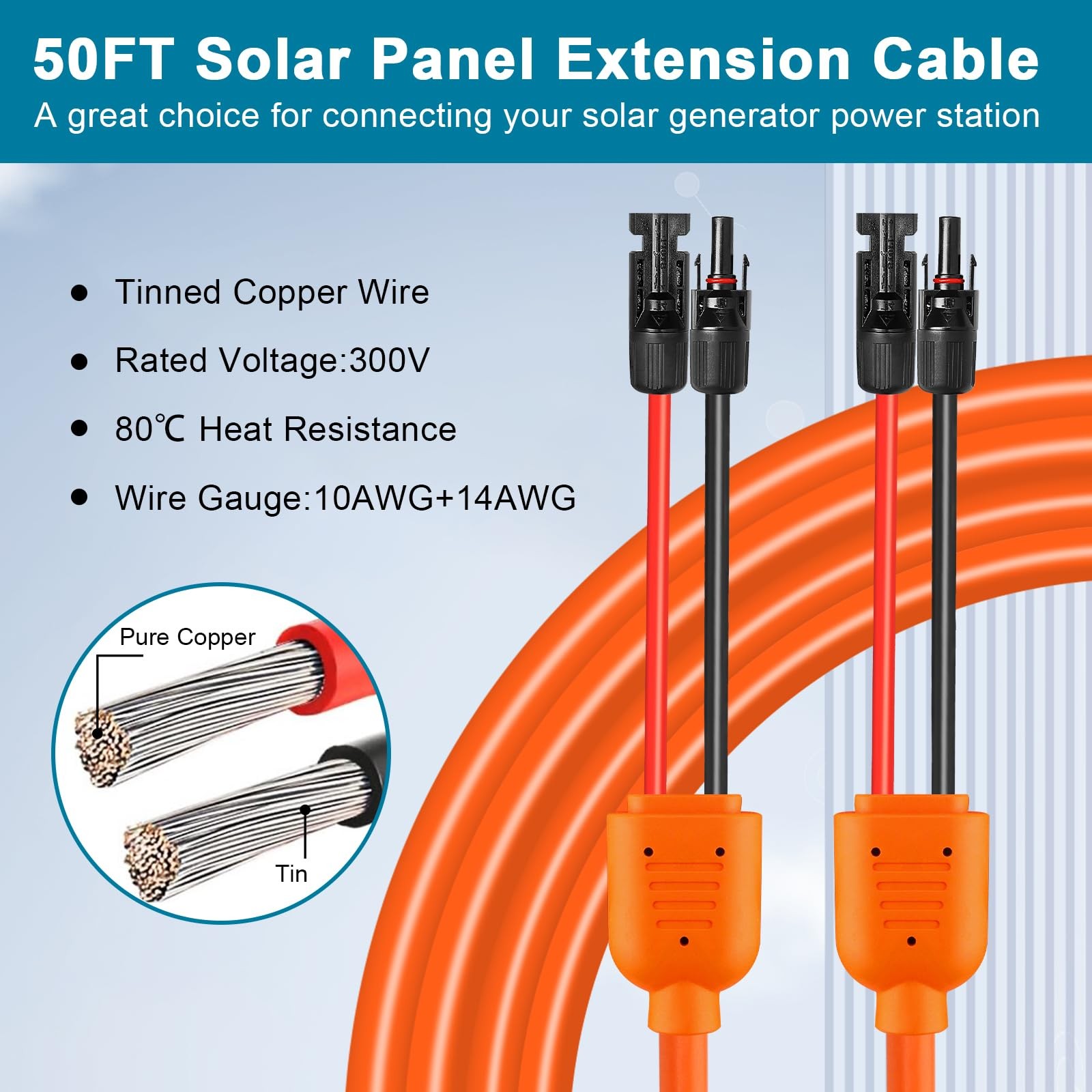 Solar Panel Extension Cable 50FT – MOOKEERF 10AWG+14AWG Solar Wire with Femal…