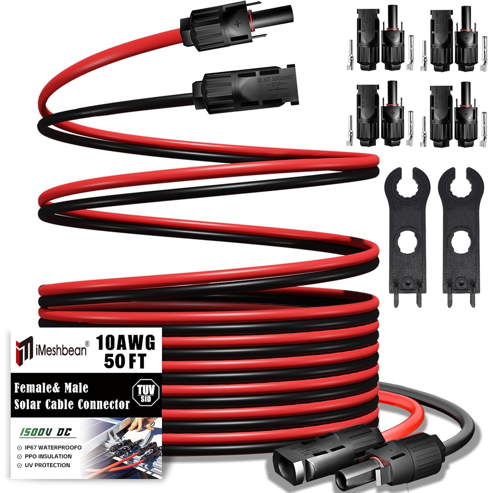 50 FT Solar Extension Cable 10 AWG 6mm²Solar Panel Extension Cable w/ Connectors
