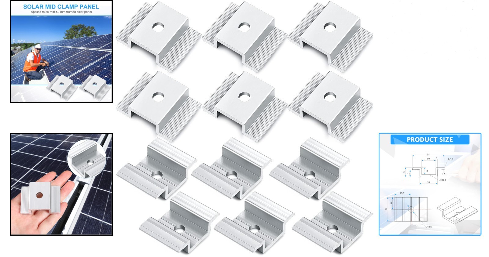 12 Pack Aluminum Solar Panel Mid Clamps – Rust Resistant Mounting Brackets