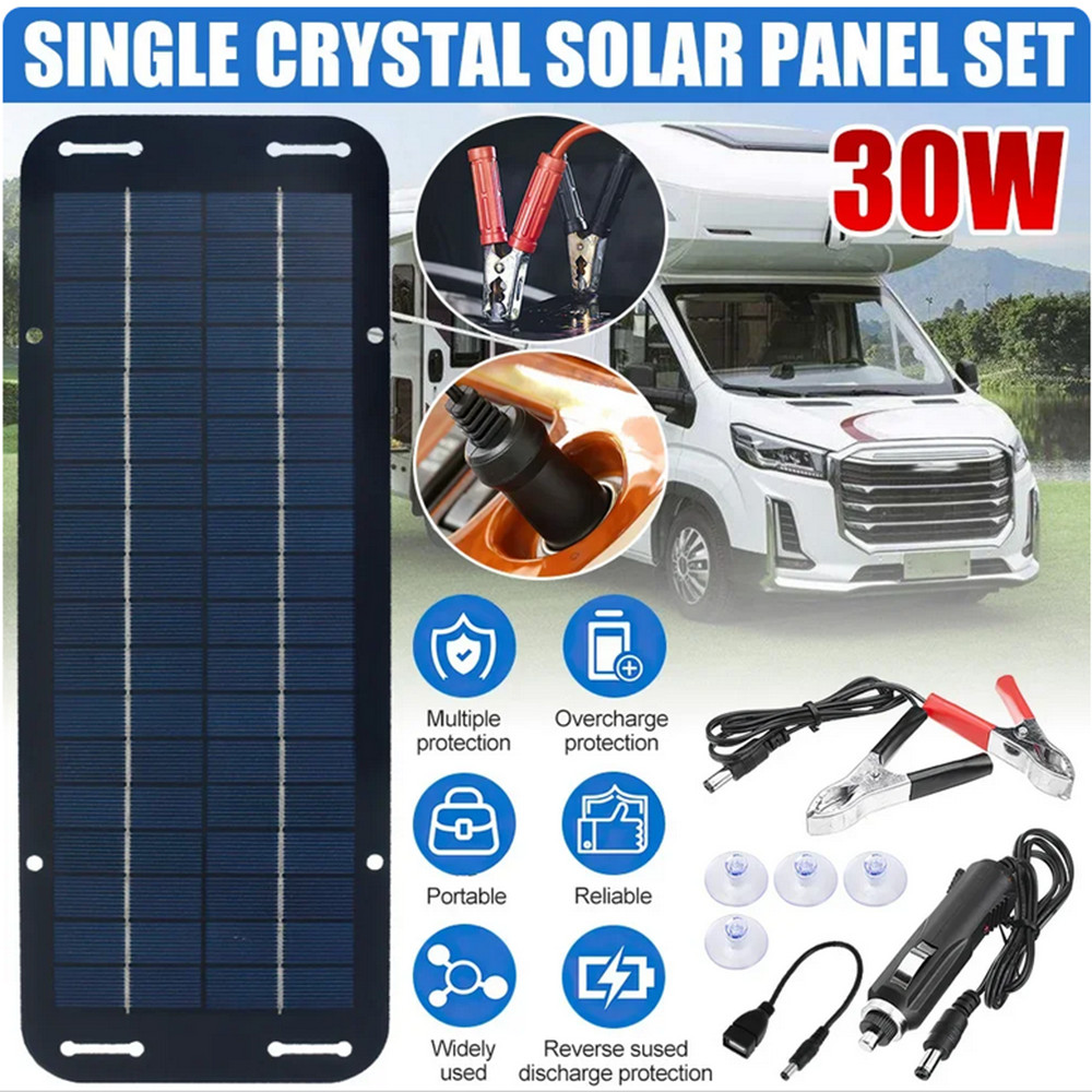 30W Solar Panel 12V Trickle Charger Battery Charger Kit Maintainer Boat Car RV