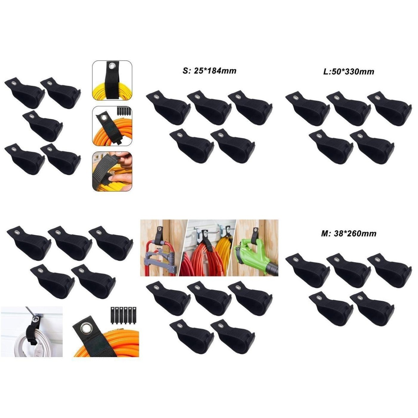 Set of 5 Black Storage Straps for Securing Cables in For Trucks Boats RVs