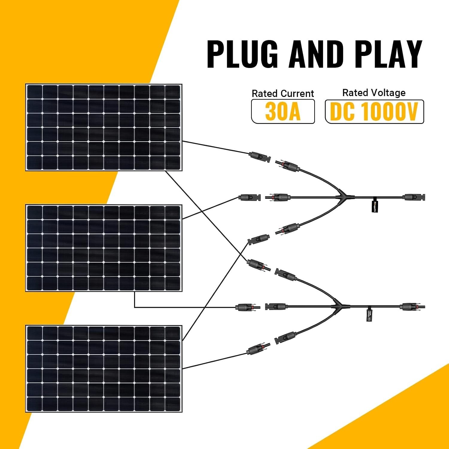 Waterproof Y Branch Solar Connectors – 30A DC1000V Tool Kit, 2 Pairs M/FFF/F/MMM