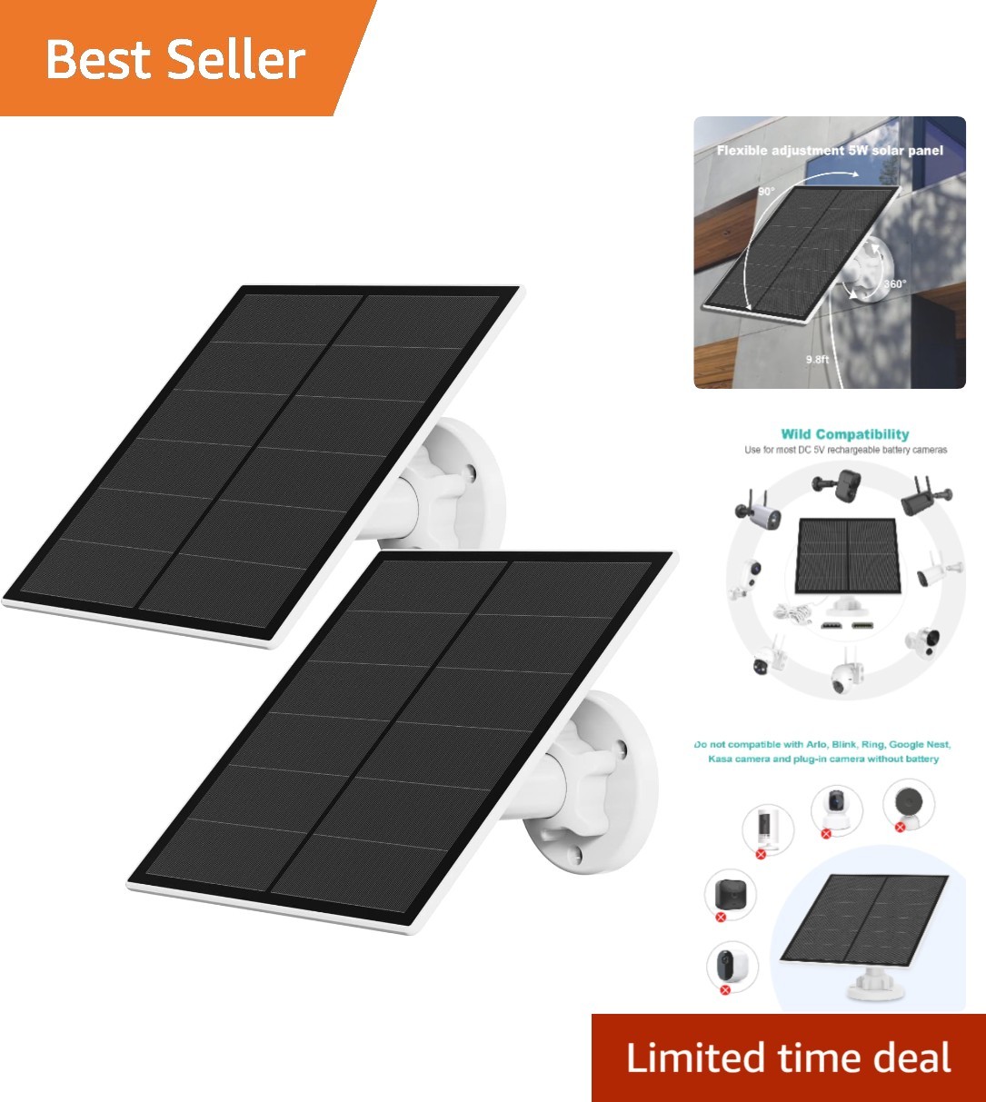 Solar Panel for Security Camera, 5W USB Solar Panel for Micro USB and USB-C P…