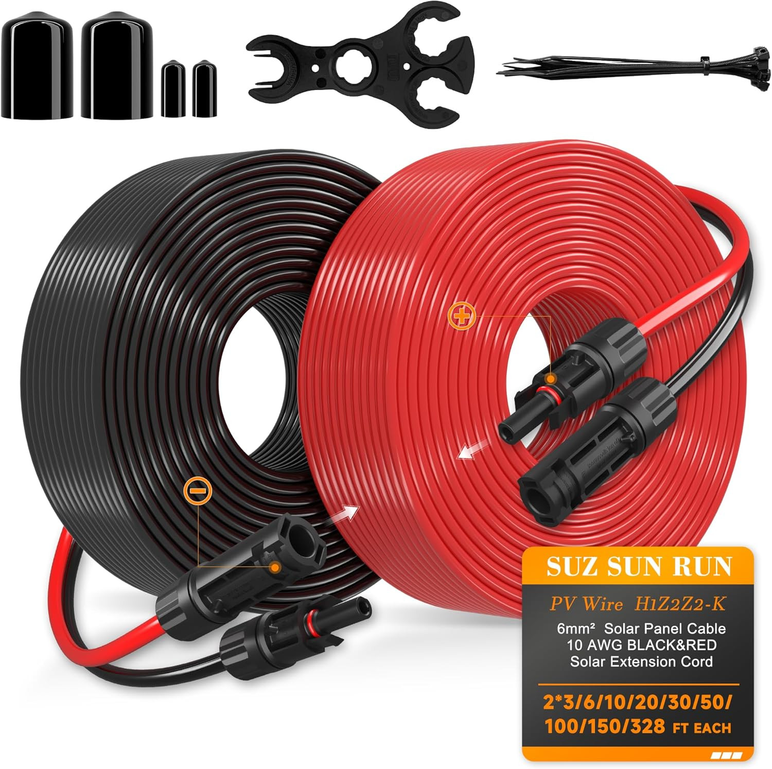 Solar Extension Cable 10 Gauge Panels Wire 3Ft 10AWG (6mm²) PV Wires SJZSUNRUN T