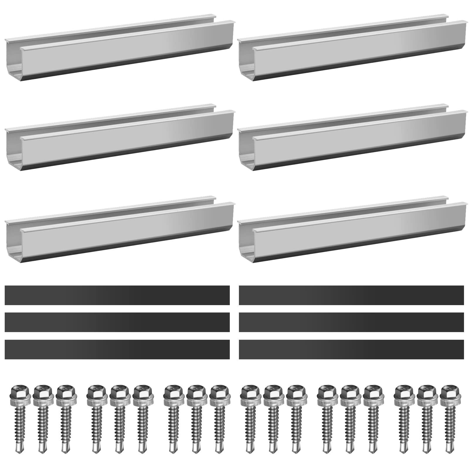 6Pcs Solar Panel Mounting Rail Kit, Aluminum Brackets with Screws & Pads for Roo
