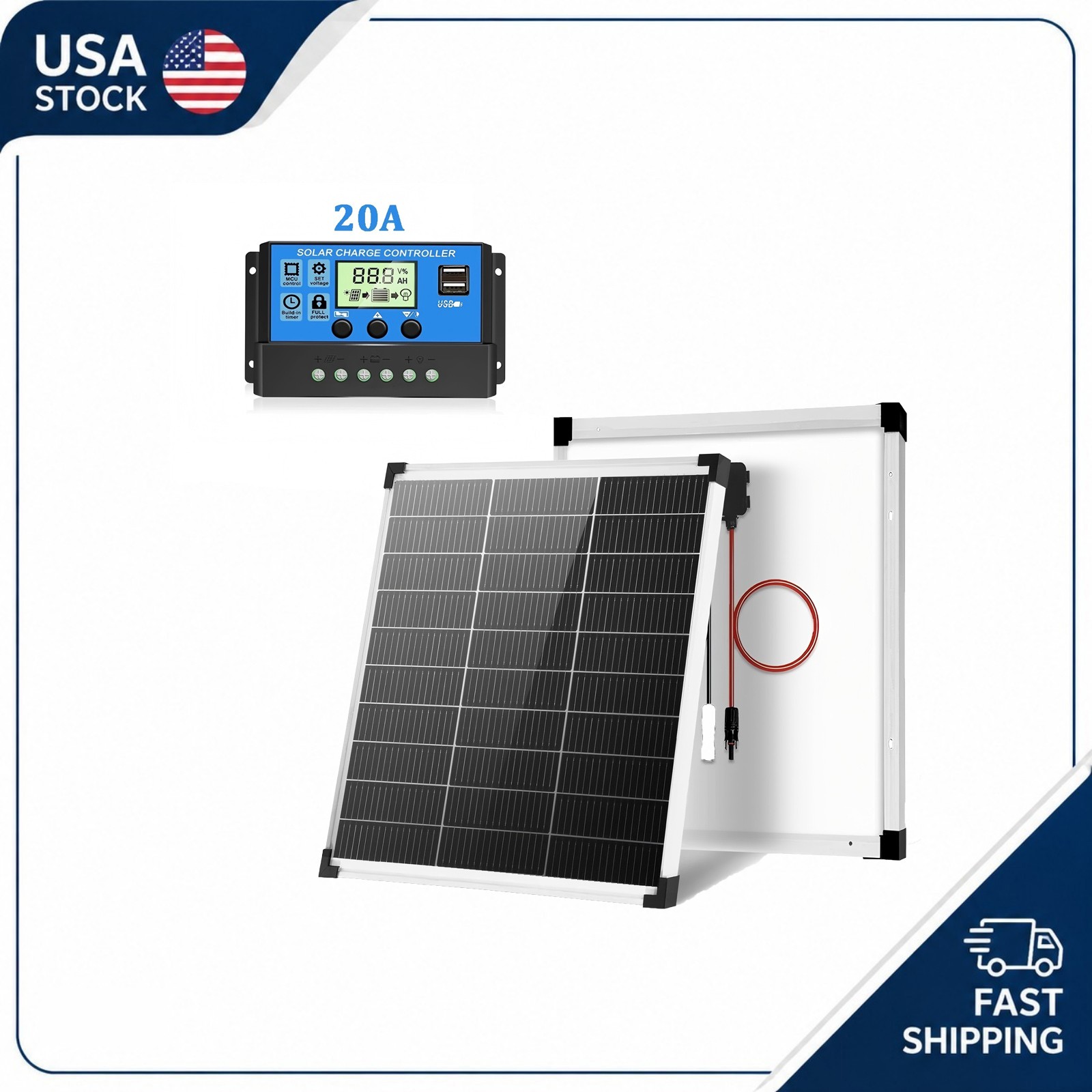 50W Solar Panel Kit 12V Monocrystalline N-Type Off Grid Home RV Boat Battery US