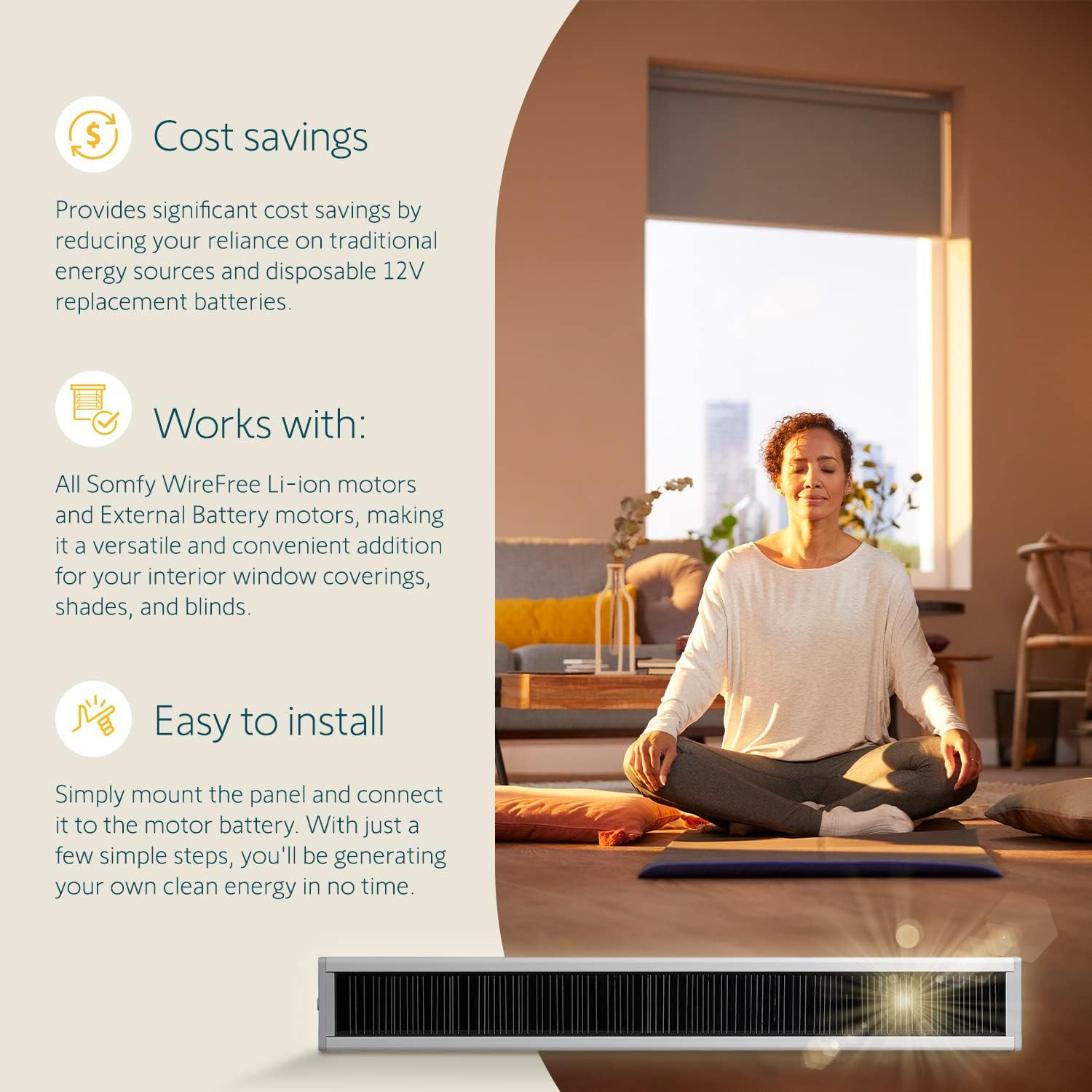 Wirefree Li-Ion Solar Panel Kit – Solar Power for RTS Shades & Blinds – Long-Las