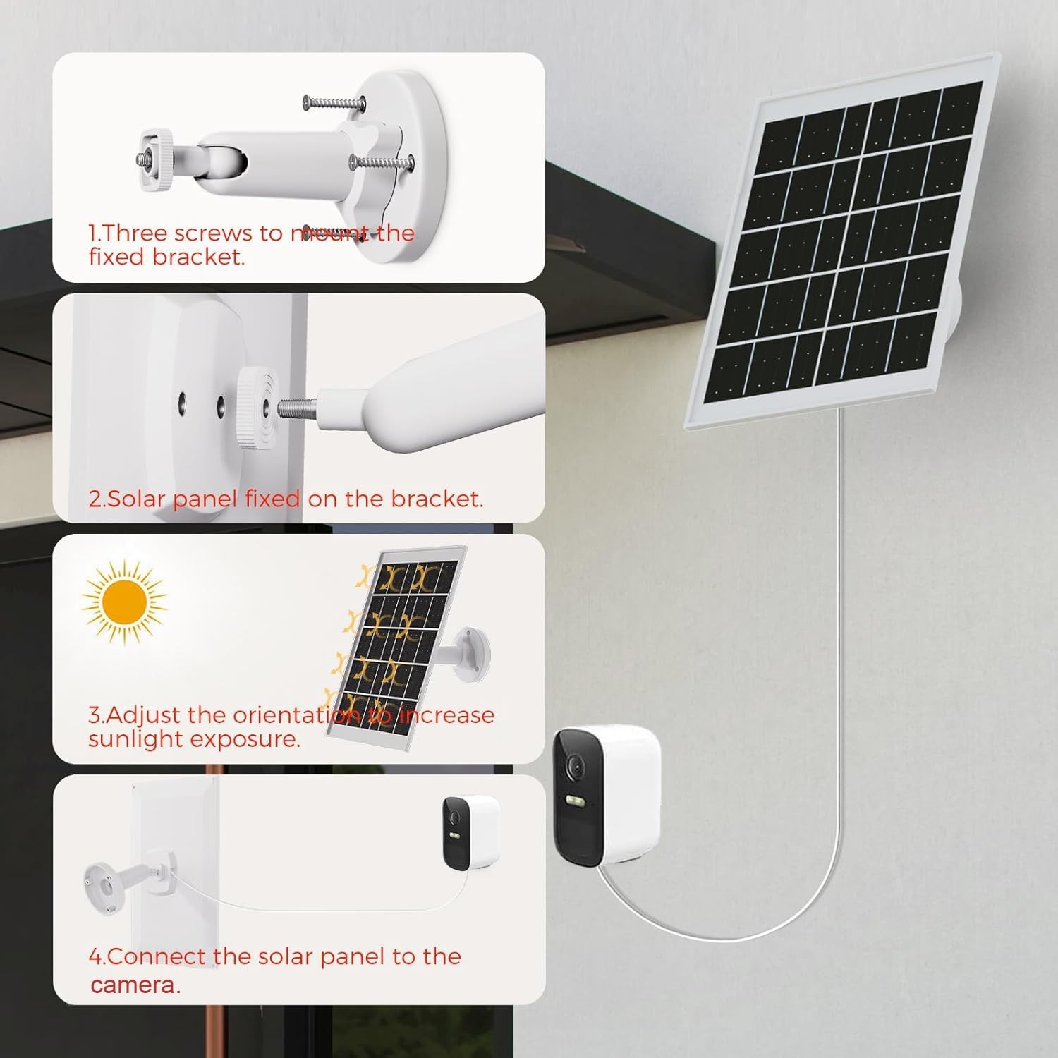 8W Solar Panel Charger for Outdoor Security Cameras, with Micro USB/USB-C and DC