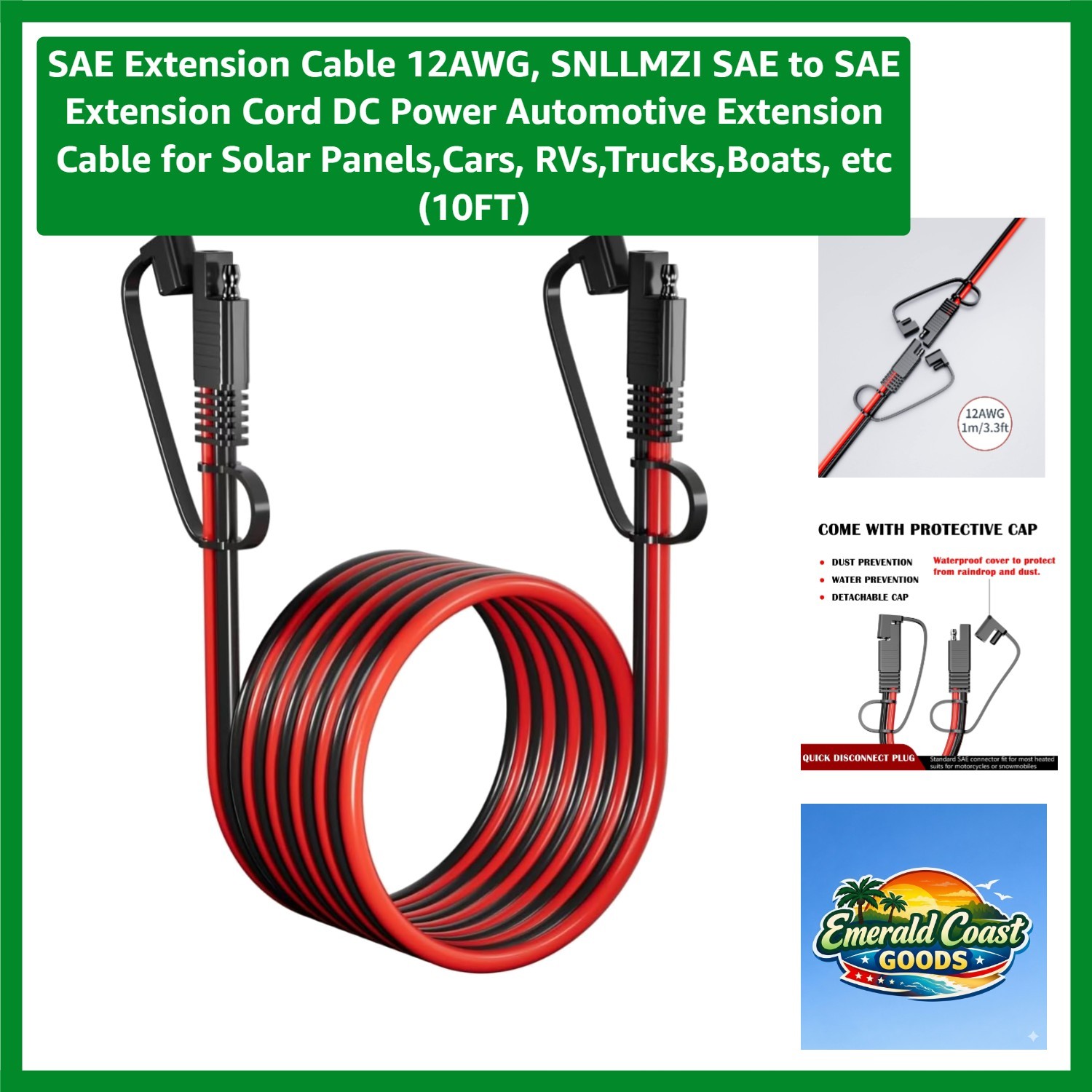 10FT SAE to SAE Extension Cable – Durable 12AWG for Solar & Automotive