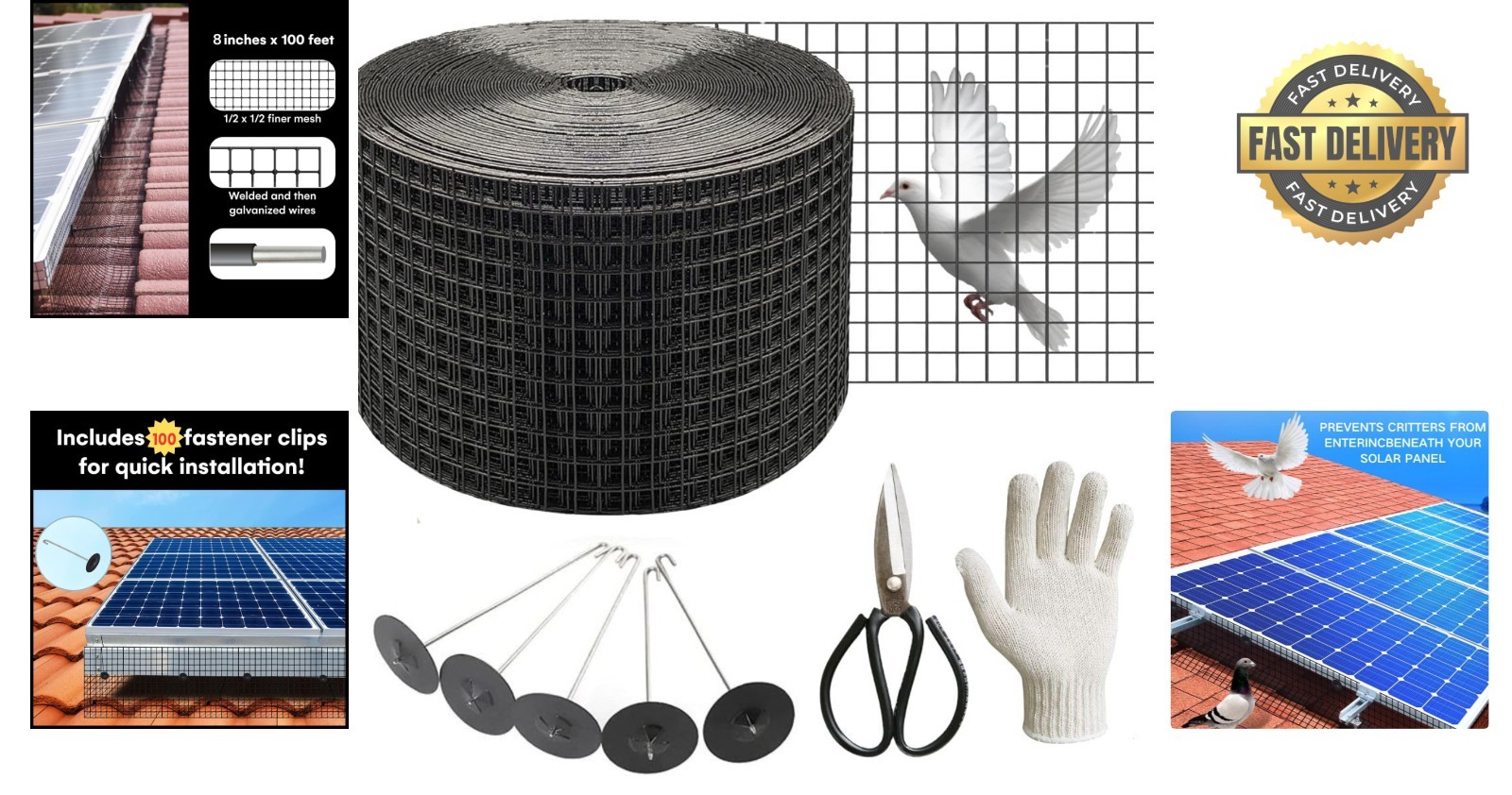 100Ft Black PVC-Coated Solar Panel Bird Guard Mesh Kit for Ultimate Protection