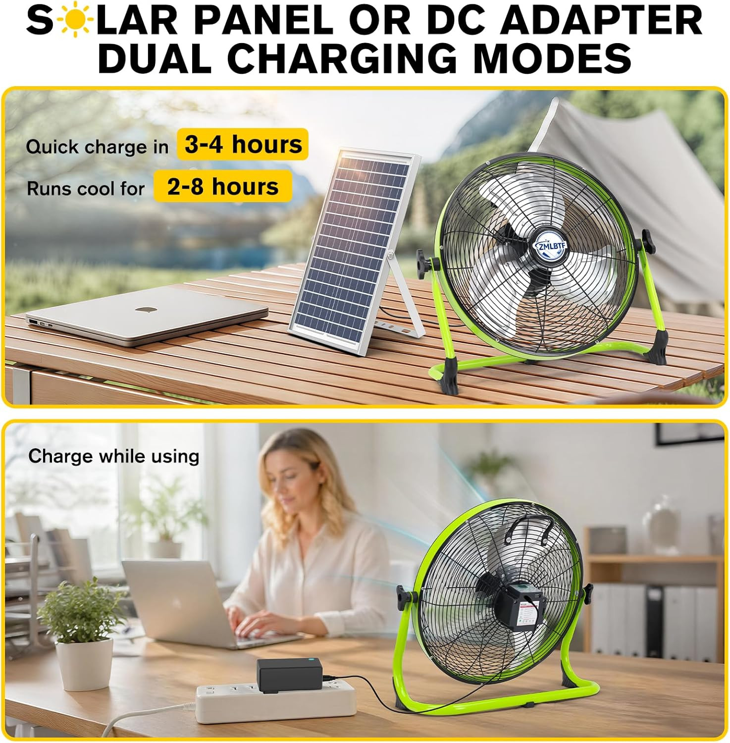 16″ Solar Powered Fan with 20W Solar Panel & Rechargeable Battery, Portable, Qui