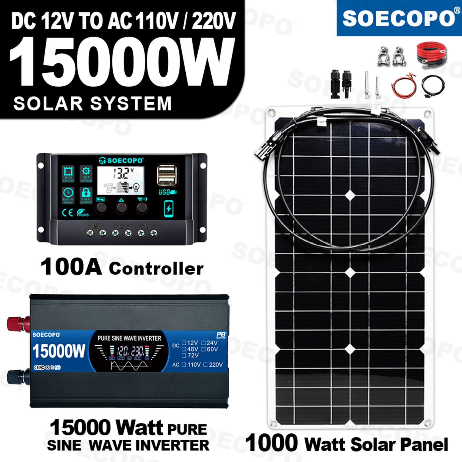15000W Solar System Kit Flexible Panel 12V To 110V 220V for Camp Home Charger