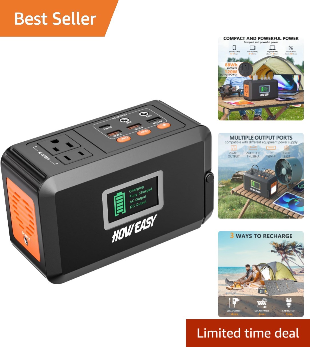 Lightweight Solar Power Bank, 120W Generator with 8 Output Ports for Camping
