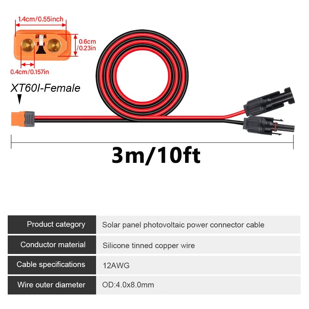 10ft Solar Connector to XT60i Adapter Charging Cable Solar Panel Extension Cable