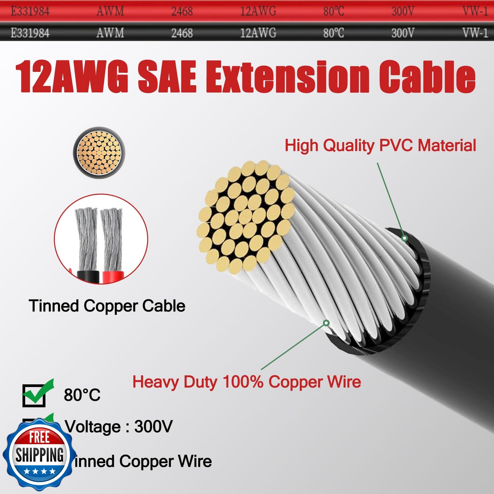Magiktech 50 FT SAE to SAE Extension Cable 12AWG,12 Gauge SAE Adapter Cable,S
