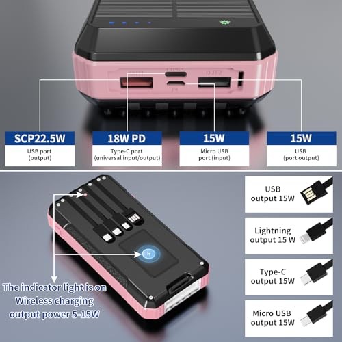 Solar Power Bank 49800mAh, Portable Charger with Built-in 4 Cables, 22.5W Pink