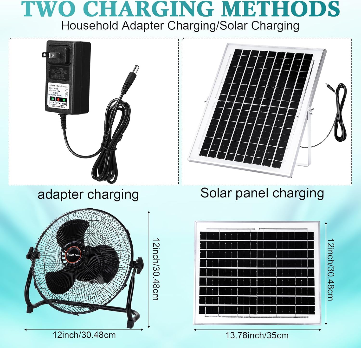 15000Mah 12 Inch Solar Panel Powered Fan, 2 in 1 Solar Panel or AC Charger Power