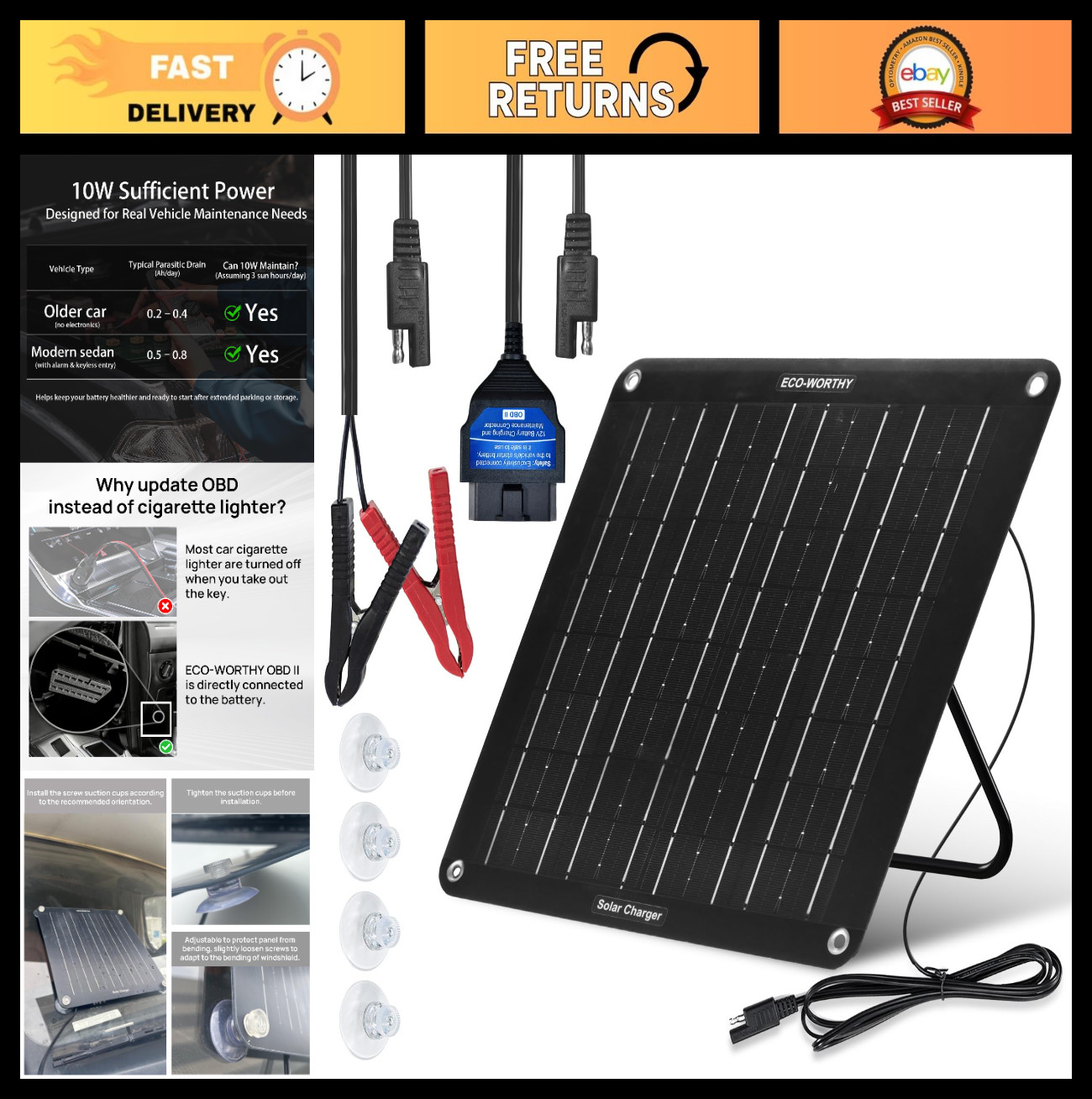 10W Solar Battery Trickle Charger Maintainer – 12V Waterproof Panel Kit for Car,