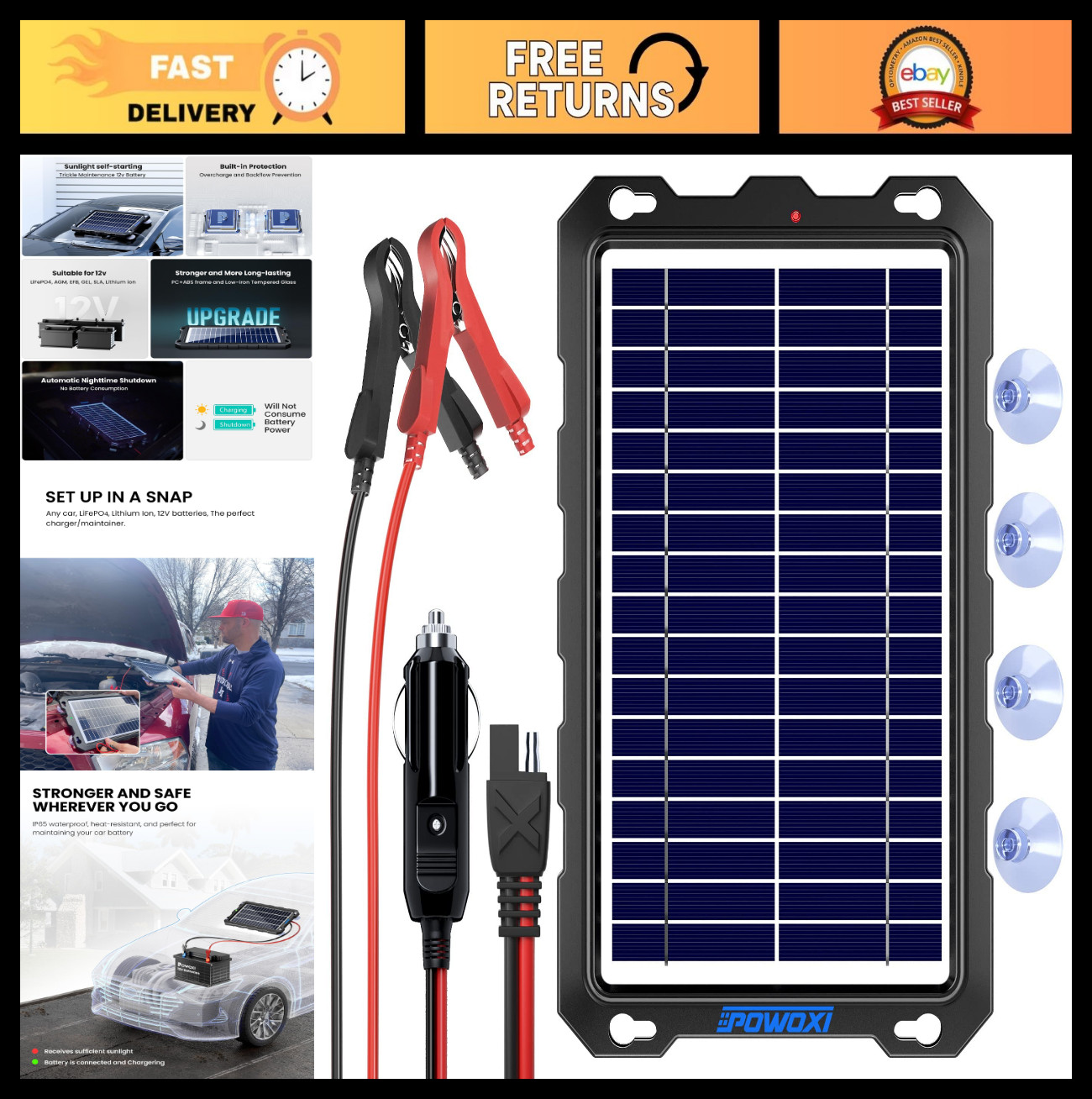 7.5W Solar Battery Trickle Charger – 12V Waterproof Panel for Car, RV, Boat, Mot