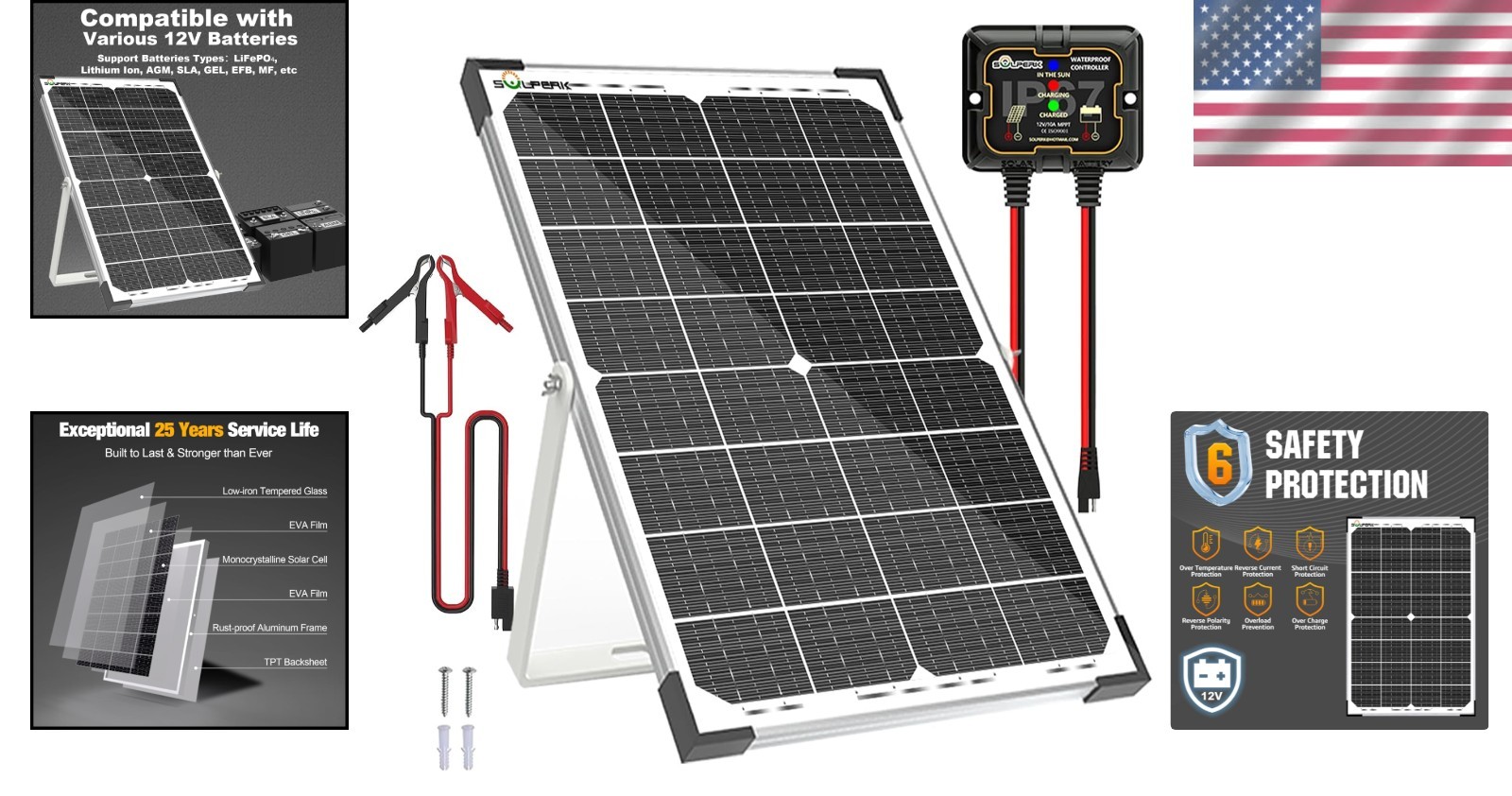 12V Waterproof Solar Panel + 10A Charge Controller