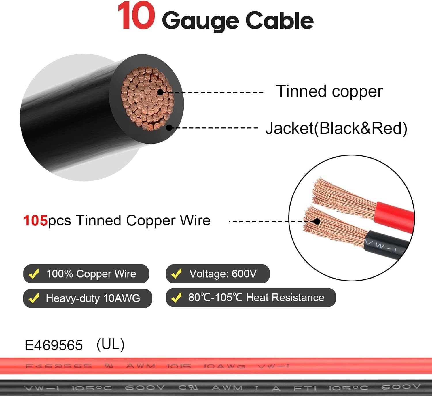 Heavy Duty 10AWG O Ring Terminal Cable with Fuse for Battery Charging 2Ft